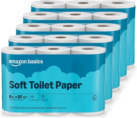 Amazon Basics 2-Ply Soft Toilet Paper, 30 Rolls (5 Packs of 6), 350