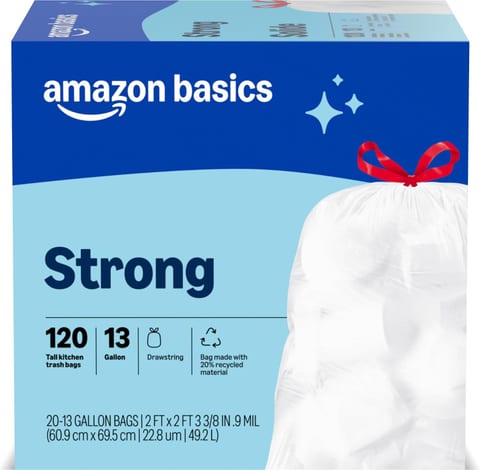 Amazon Basics Trash Bags, Tall Kitchen Drawstring, Unscented, 13