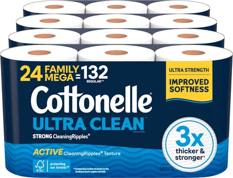 Cottonelle Ultra Clean Toilet Paper, 24 Family Mega Rolls=132 Regular