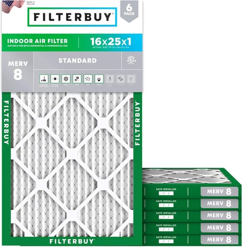Filterbuy 16x25x1 Air Filter MERV 8 Essential Dust & Allergy Defense (6-Pack)