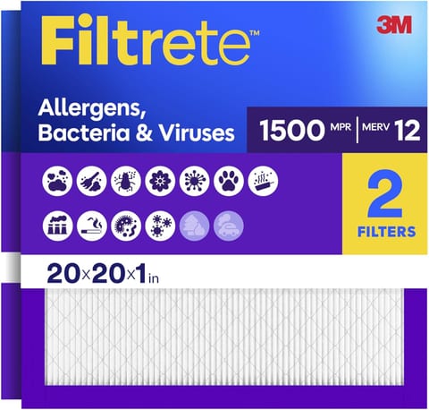 Filtrete 20x20x1 Air Filter, MERV 12, MPR 1500, 2 HVAC Filters |