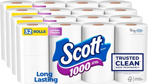Scott 1000 Trusted Clean Toilet Paper, 32 Rolls, Septic-Safe, 1-Ply